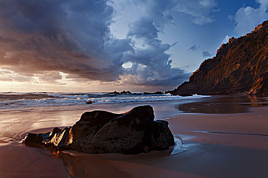 海滩,石头,落日,海浪,悬崖,海岸,海洋,大西洋