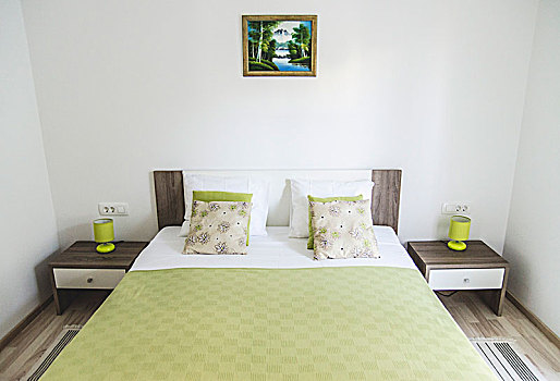 鲜明,清洁,卧室,床,绿色,家具