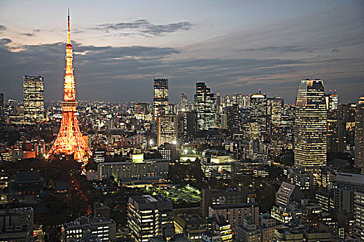 日本,东京,天际线,夜晚,航拍,东京塔