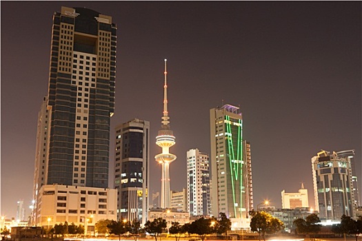 天际线,科威特城,光亮,夜晚,中东