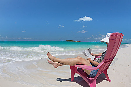巴哈马,小,岛屿,女人,读,椅子,海滩,画廊