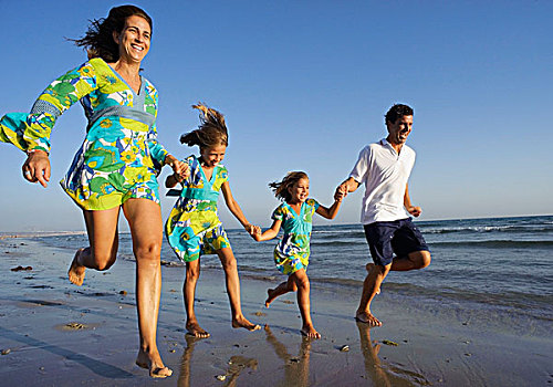 家庭,跑,海滩,一起