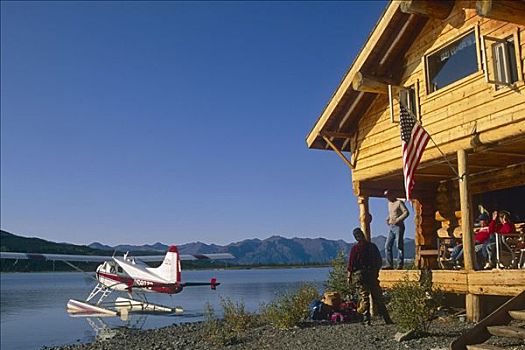 水上飞机,木屋,湖,大门,北极圈,国家公园
