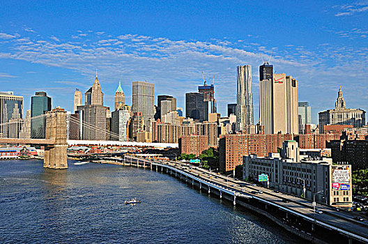 天际线,下曼哈顿,布鲁克林大桥,曼哈顿大桥,曼哈顿,纽约,美国,北美