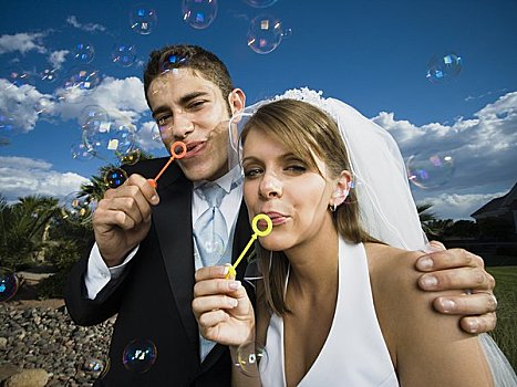特写,新婚夫妇,吹泡泡,气泡,棒