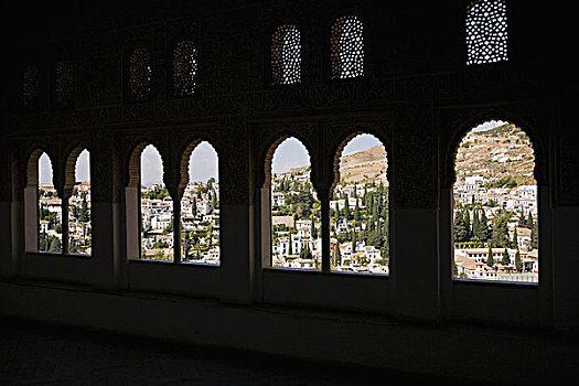 风景,阿尔拜辛,地区,城市,格拉纳达,剪影,窗户,阿尔罕布拉宫,西班牙
