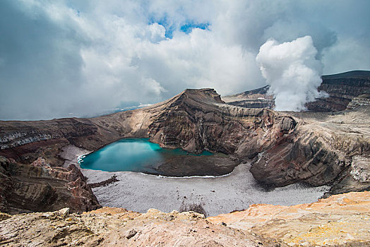 蒸汽,喷气孔,火山湖,火山,堪察加半岛,俄罗斯,欧洲