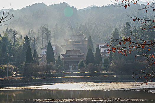 树,蓝,背景,池塘,倒影,烟,枯枝,寺庙,太阳,阳光,水,岸,淤泥,泥潭,村庄,山岗