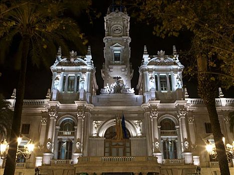 市政厅,瓦伦西亚,夜晚,西班牙,欧洲