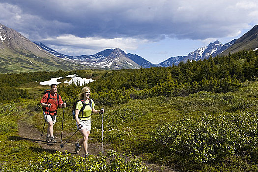 伴侣,徒步旅行,仰视,上面,山,阿尔卑斯山,区域,楚加奇州立公园,阿拉斯加