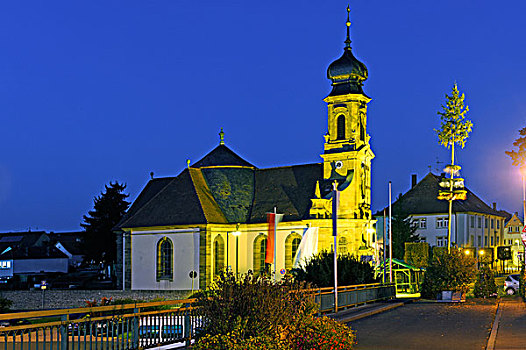 教堂,黄昏,弗兰克尼亚,巴伐利亚,德国,欧洲