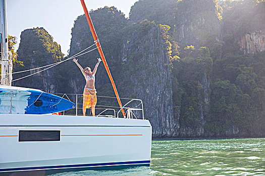 女人,游艇,抬臂,微笑,苏梅岛,泰国,亚洲