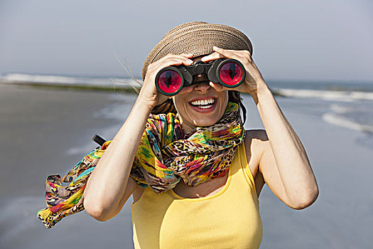 女人,太阳帽,围巾,海滩,新泽西,岸边,海洋城