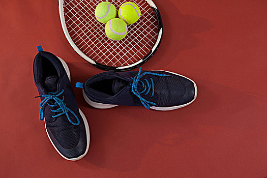 俯视,蓝色,运动鞋,网球拍,球,栗色,背景