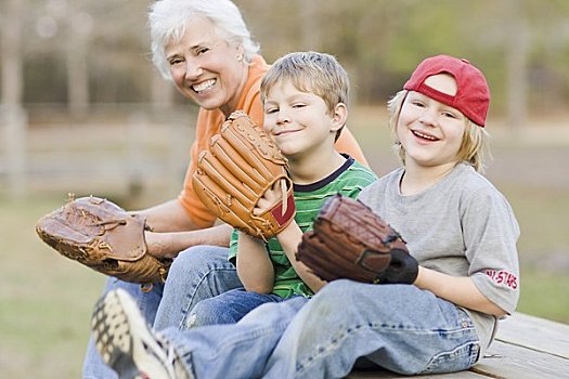 女人,孙子,棒球,手套