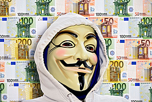 男人,戴着,面具,移动,正面,墙壁,欧元,货币,抗议,银行