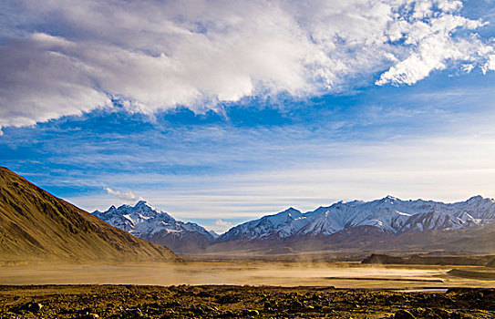 新疆,山脉,雪山,蓝天,白云,河流,风沙