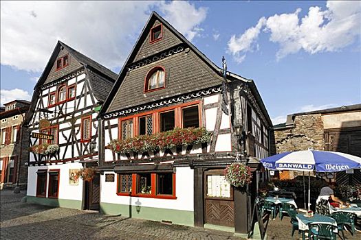 餐馆,漂亮,老,半木结构,房子,巴哈拉赫,莱茵河,德国