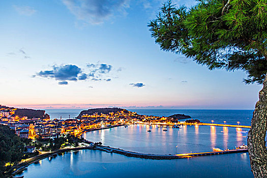 风景,城镇,土耳其,两个,岛屿,光亮,反射,海中