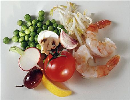 挪威海蛰虾,西红柿,豌豆,黄豆芽