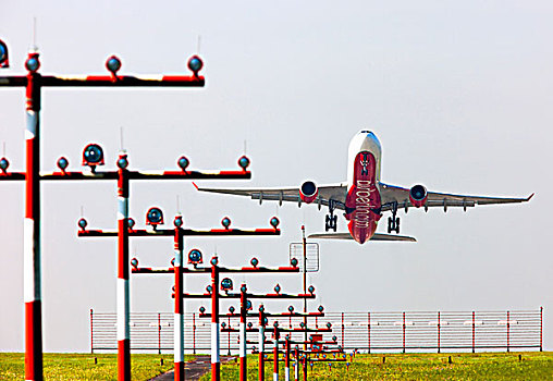 飞机跑道,降落,正面,空气,柏林,空中客车,杜塞尔多夫,国际,机场,北莱茵威斯特伐利亚,德国,欧洲