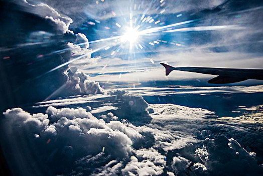 天空,云彩,飞机,机翼,阳光