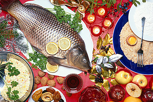 面屑,圣诞节,鲤鱼,土豆沙拉,成分,圣诞装饰
