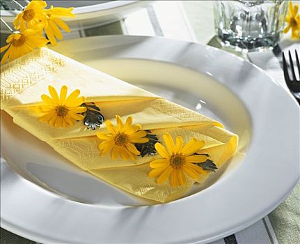 黄色,雏菊,餐巾装饰