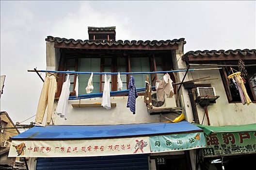 房子,老,局部,上海,洗衣服,悬挂,杆,中国,亚洲