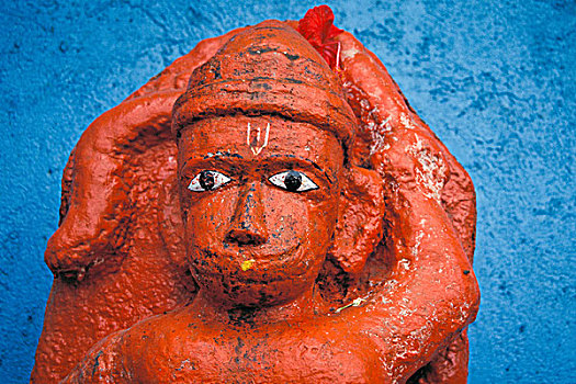 哈奴曼,印度,神,罗摩衍那,橙色,雕塑,正面,蓝色,墙壁,纳西克,马哈拉施特拉邦,南亚,亚洲