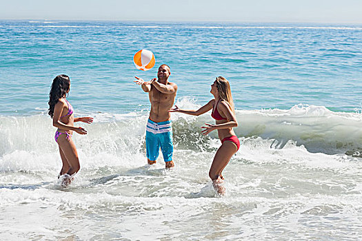 愉悦,朋友,玩,沙滩球,海中,一起