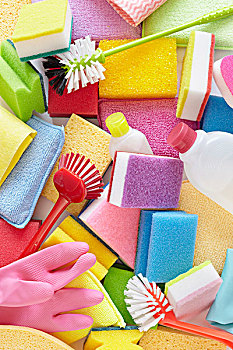 静物清洁产品,包括,海绵,瓶,橡胶手套,磨砂膏,刷
