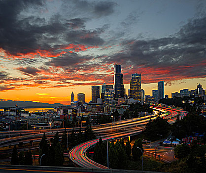 美国,华盛顿,西雅图,日落,风景,市区,上方,桥,数码合成,大幅,尺寸
