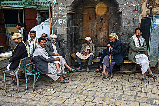 男人,坐,正面,房子,老城,也门,亚洲