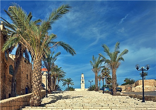 石头,楼梯,手掌,漂亮,蓝天,白云,教堂,老城,以色列