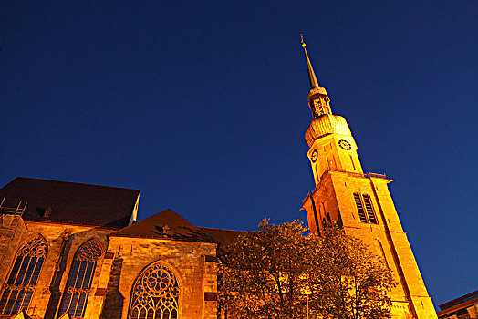 教堂,黄昏,多特蒙德,鲁尔区,北莱茵威斯特伐利亚,德国,欧洲