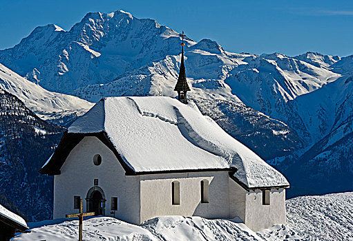 雪,小教堂,贝特默阿尔卑,瓦莱,瑞士,欧洲