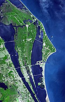 卫星图,航天中心,美国宇航局,肯尼迪航天中心,卡纳维拉尔角,佛罗里达,美国
