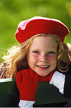 女孩,肖像,红色,贝雷帽
