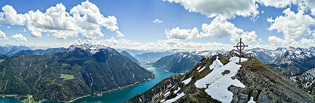风景,阿亨湖地区,顶峰,十字架,航拍,阿尔卑斯山,全景,提洛尔,奥地利,欧洲