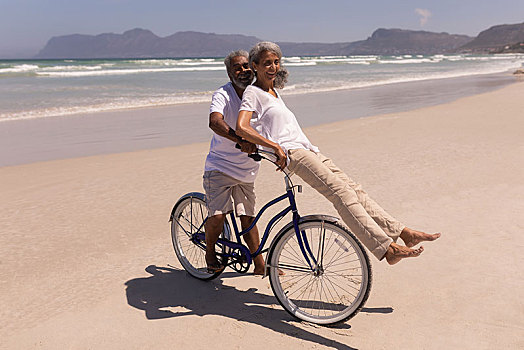 老人,自行车,老年,女人,坐,手把,海滩