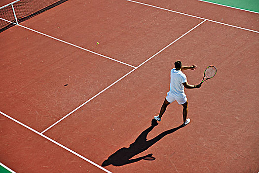 男青年,玩,网球,户外,橙色,场地,早晨
