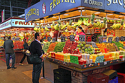 顾客,果蔬,货摊,巴塞罗那,西班牙
