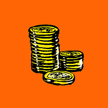 插画,一堆,硬币,橙色背景