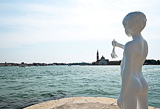 雕塑,男孩,拿着,青蛙,光线,美洲,艺术家,威尼斯,意大利,欧洲