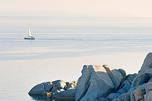 沿岸,石头,游艇,科西嘉岛,法国