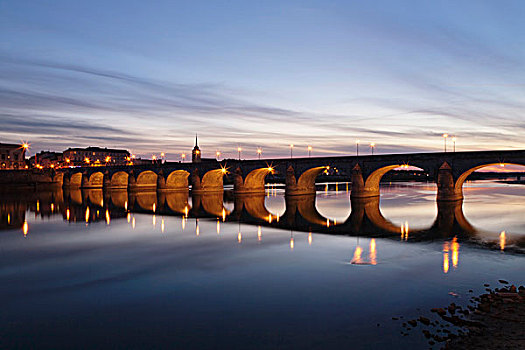 桥,反射,卢瓦尔河,河,索米尔,卢瓦尔河地区,缅因,法国,欧洲