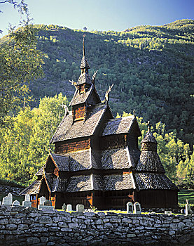 挪威,霍达兰,欧洲,斯堪的纳维亚,西南方,松恩峡湾,景象,建筑,教堂,小教堂,圣事,杆,木头,拱形