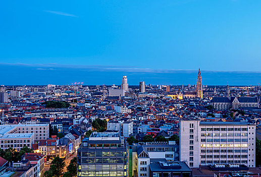 市中心,天际线,黄昏,俯视图,安特卫普,比利时,欧洲