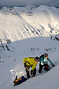 男性,女性,滑雪者,测试,雪,斜坡,雪崩,安全,海岸,山峦,不列颠哥伦比亚省,加拿大